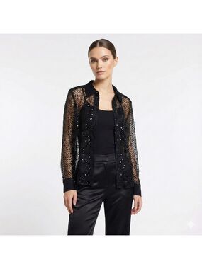 FRANK USHER Vintage 90’s Sheer Lace Button Front Shirt w/ Sequin Detail Sz 14